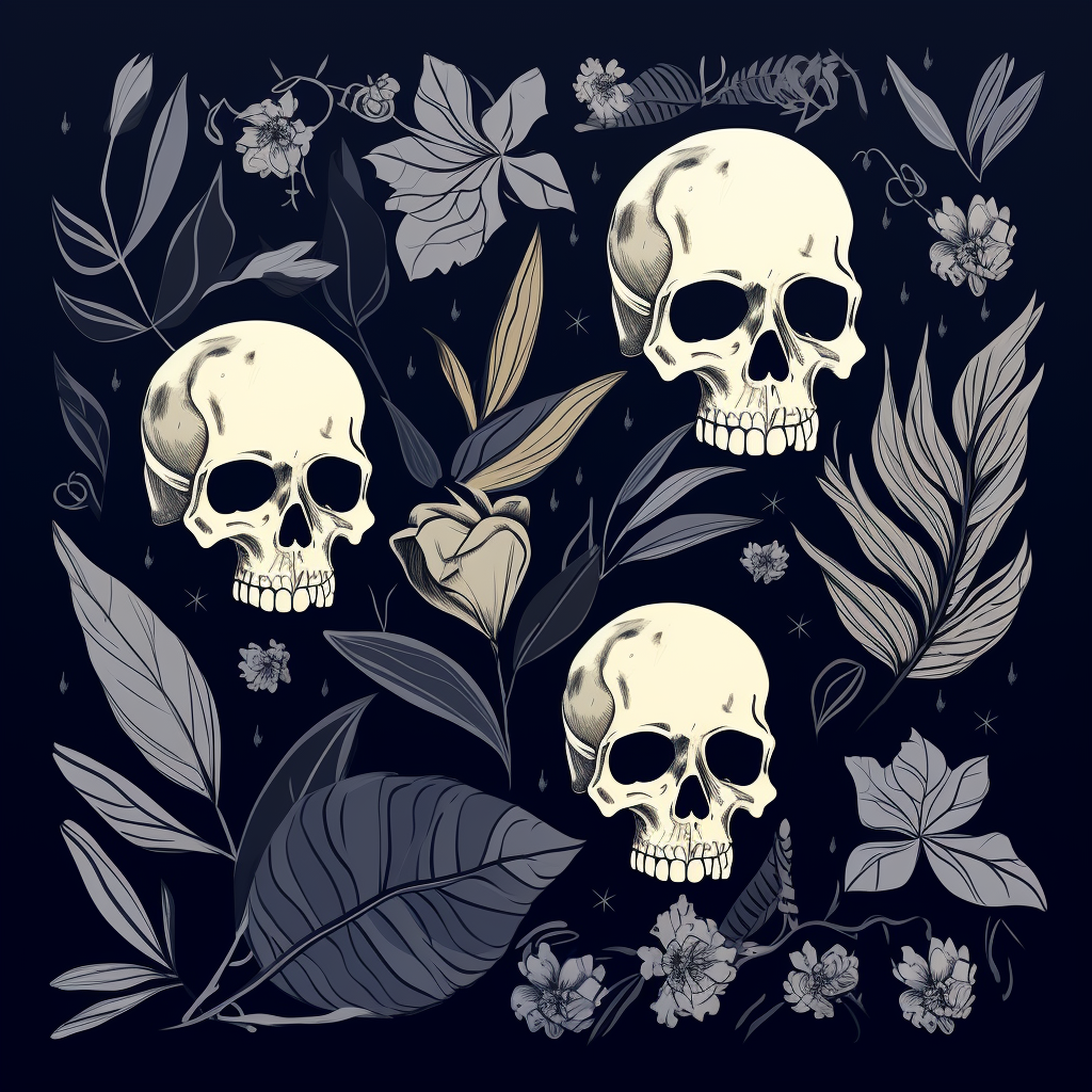 Japanese Art Deco Boho Leaves Skulls Minimalistic