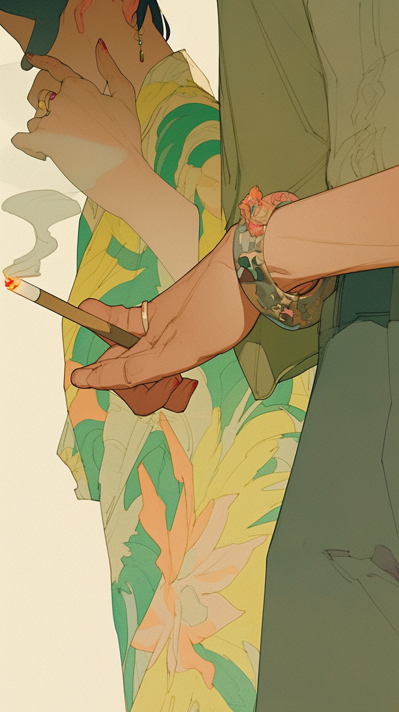 Artwork of two hands passing a smoking joint