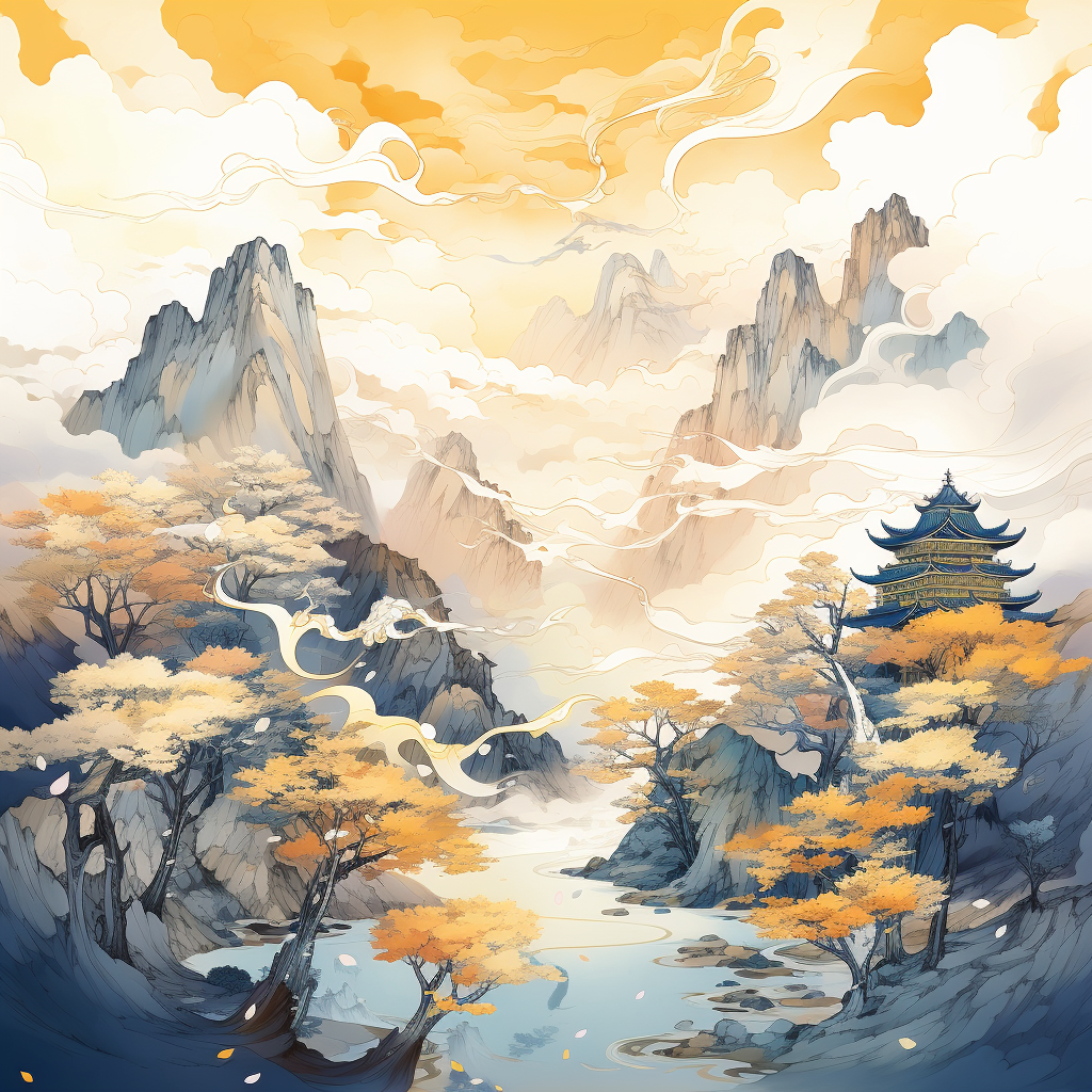 Vibrant Japanese Mountain Illustration with Artful Design (6 words)