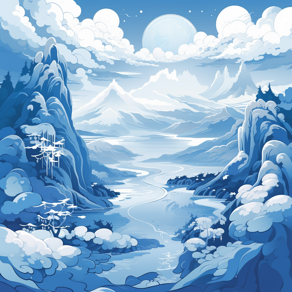 Japanese mountain landscape in blue and white