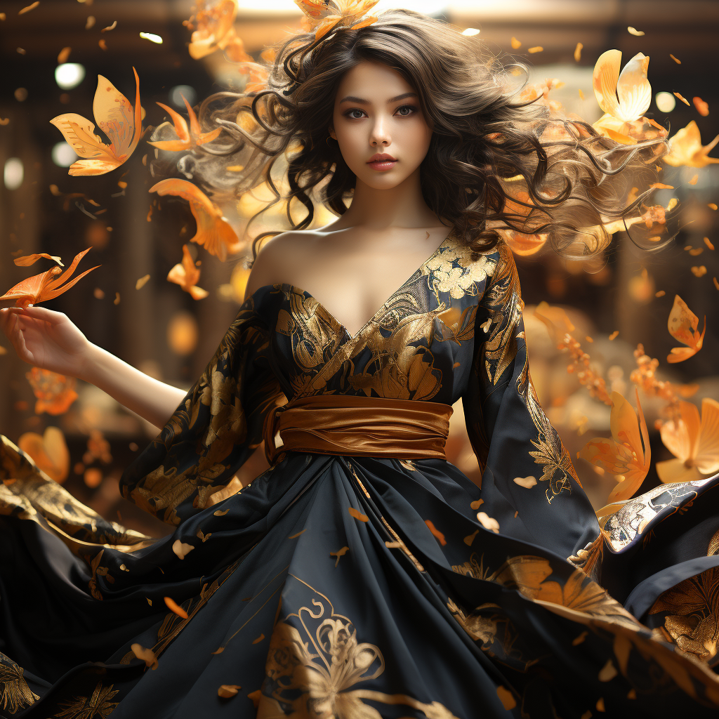 Japanese beauty in stunning black dress with gold accents