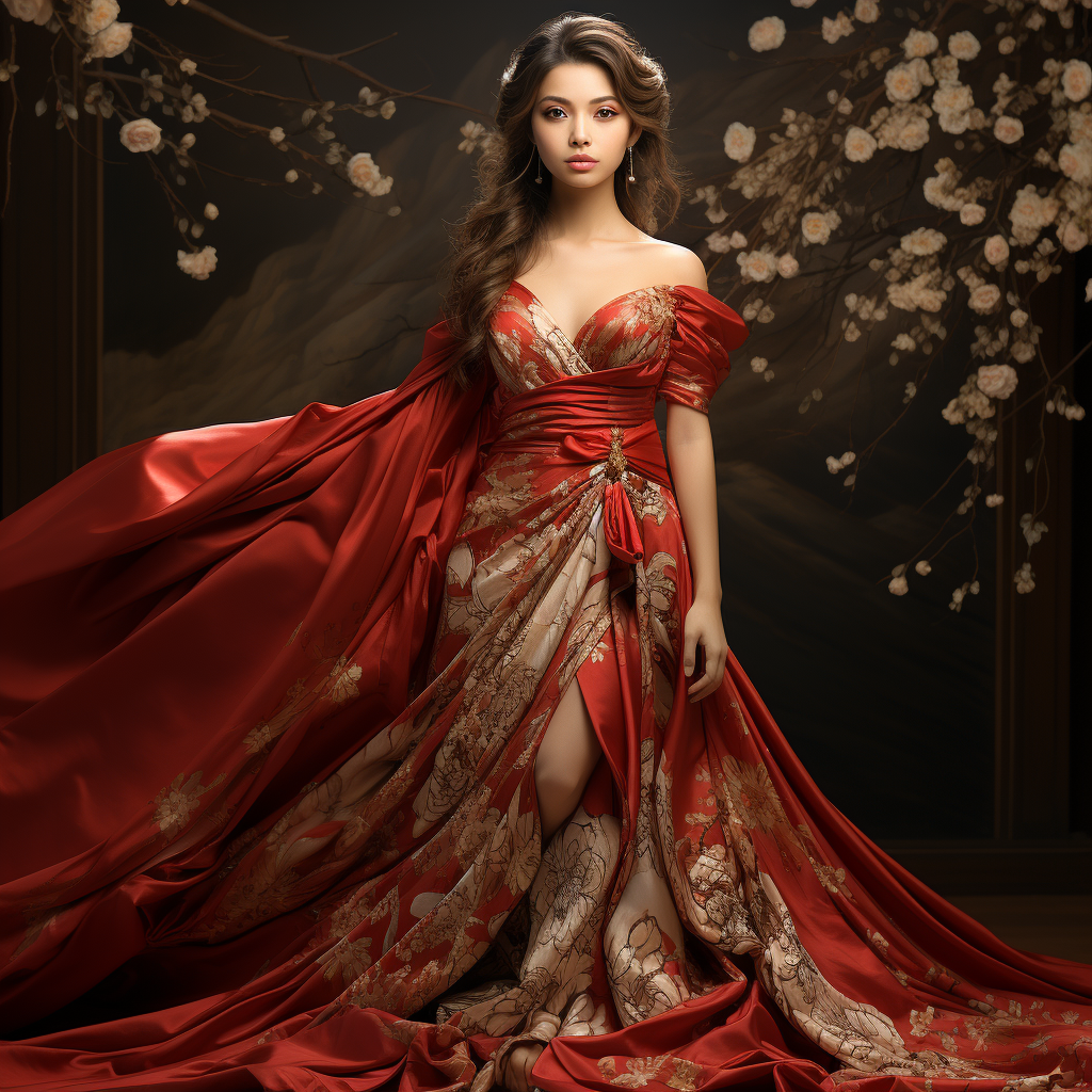 Japanese beauty in red dress with gold accents