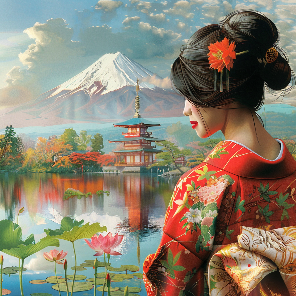 Japanese woman in serene landscape