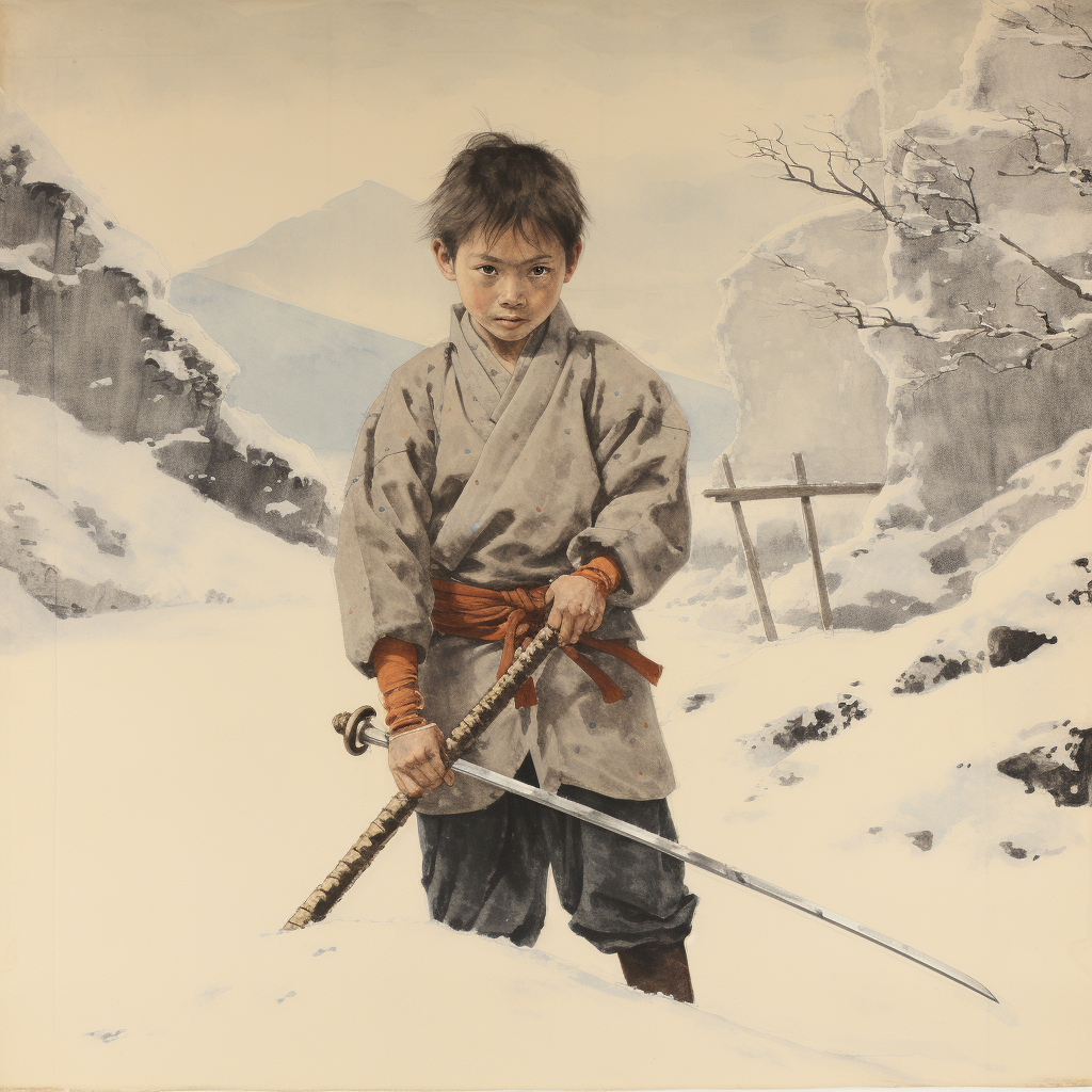 Japanese boy practicing martial arts in the snow