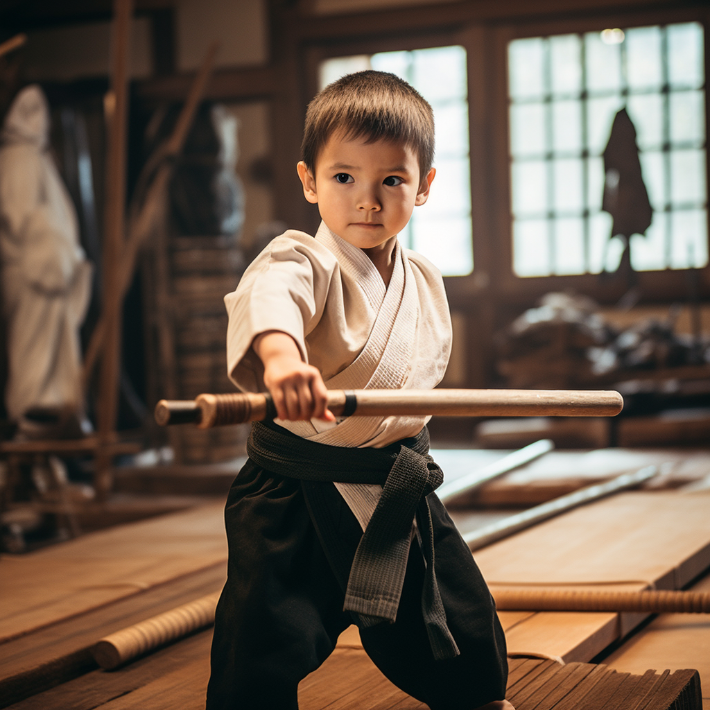 Japanese boy training with wooden sword in dojo