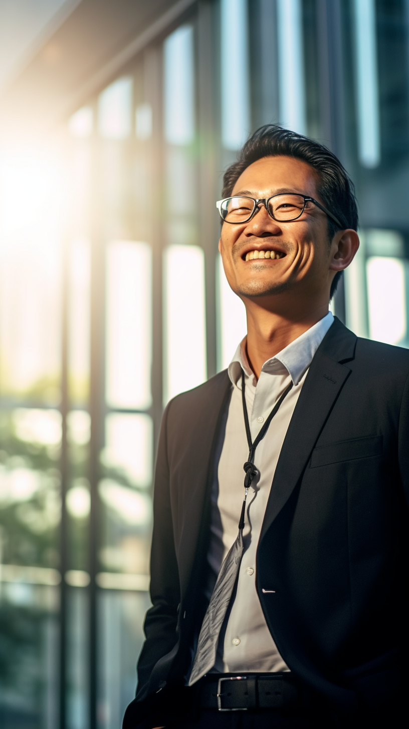 Smiling Japanese Businessman in Suit and Glasses