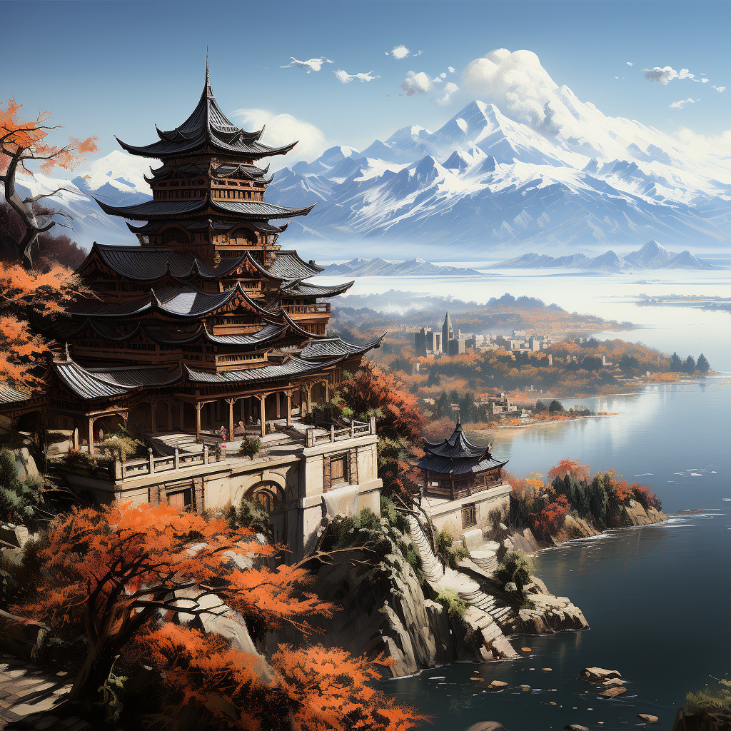 Scenic View of Japanese Castle and Snowy Mountains