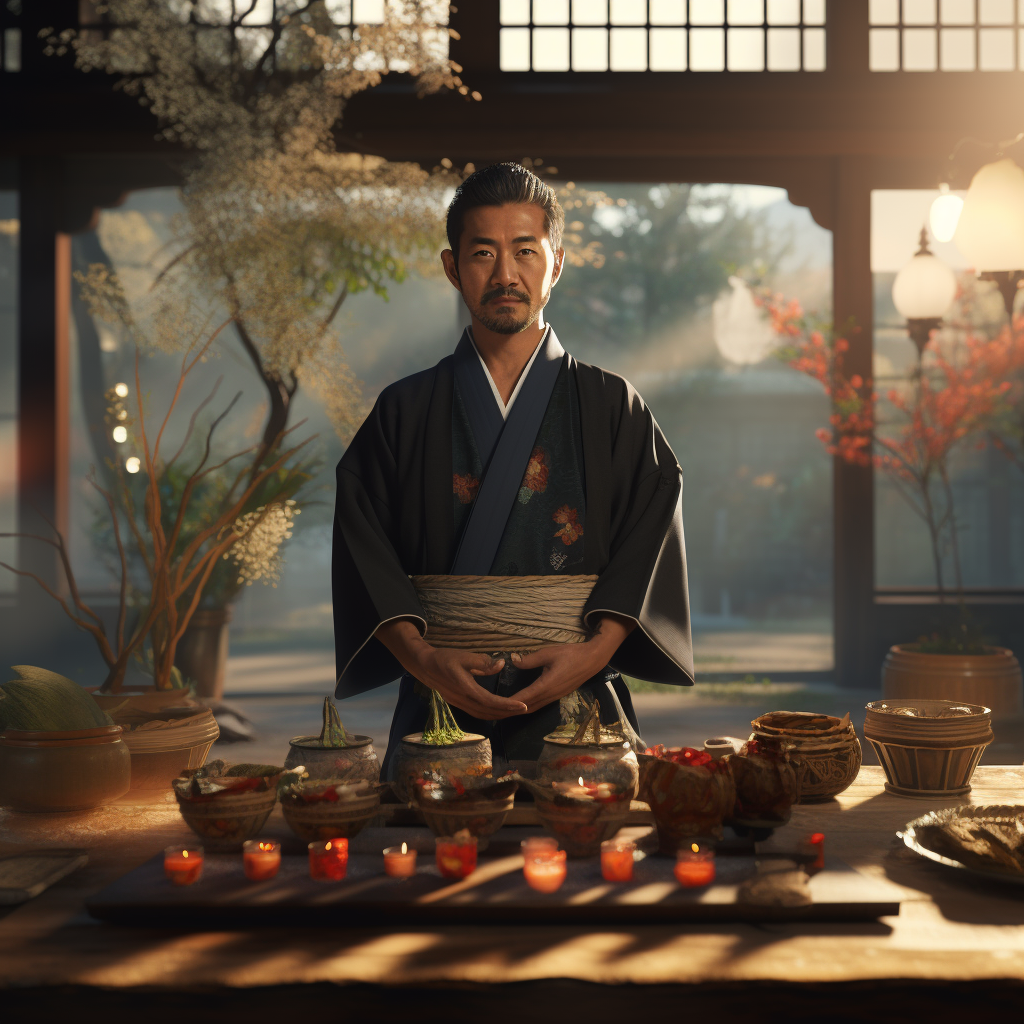 Japanese celebrant at Kuadore ceremony with traditional dishes