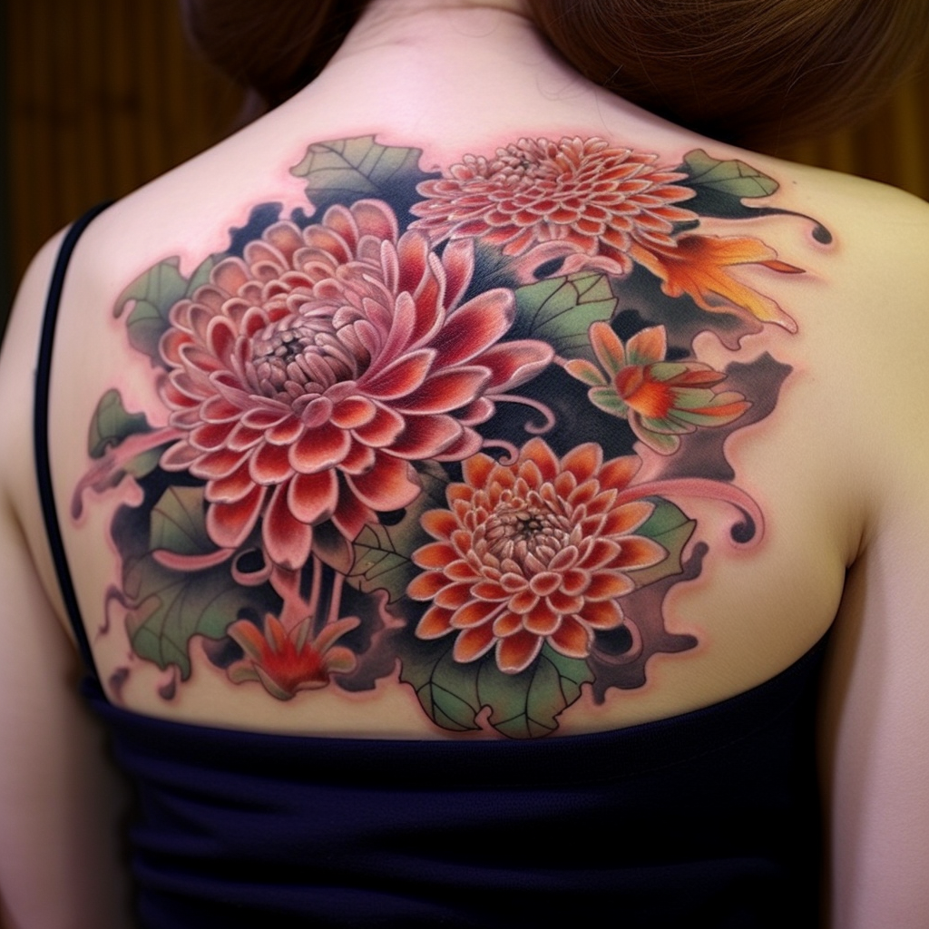 Friendly snakes in chrysanthemum tattoo