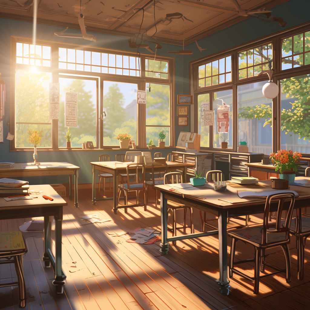 Japanese classroom with sun shining through big windows