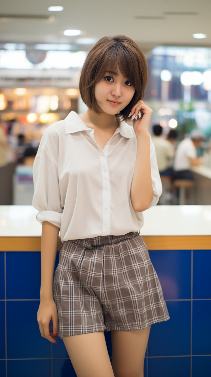 Smiling Japanese College Student Girl in Checker Patterned Shirt