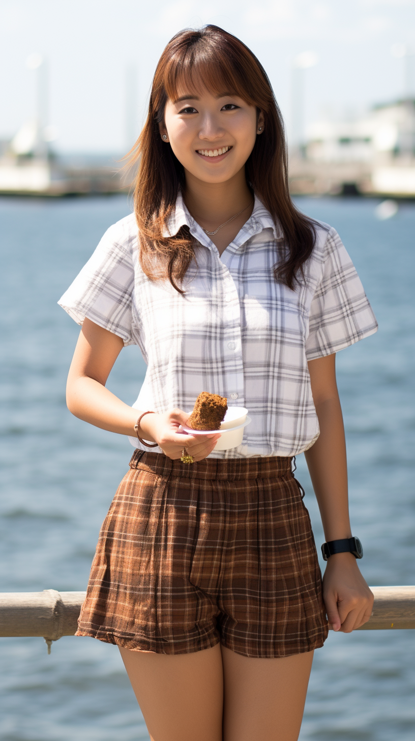 Smiling Japanese college student girl eating ice cream