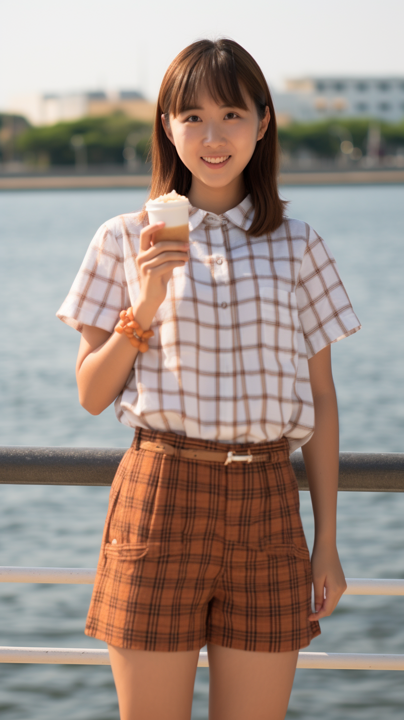 Smiling Japanese girl enjoying her ice cream