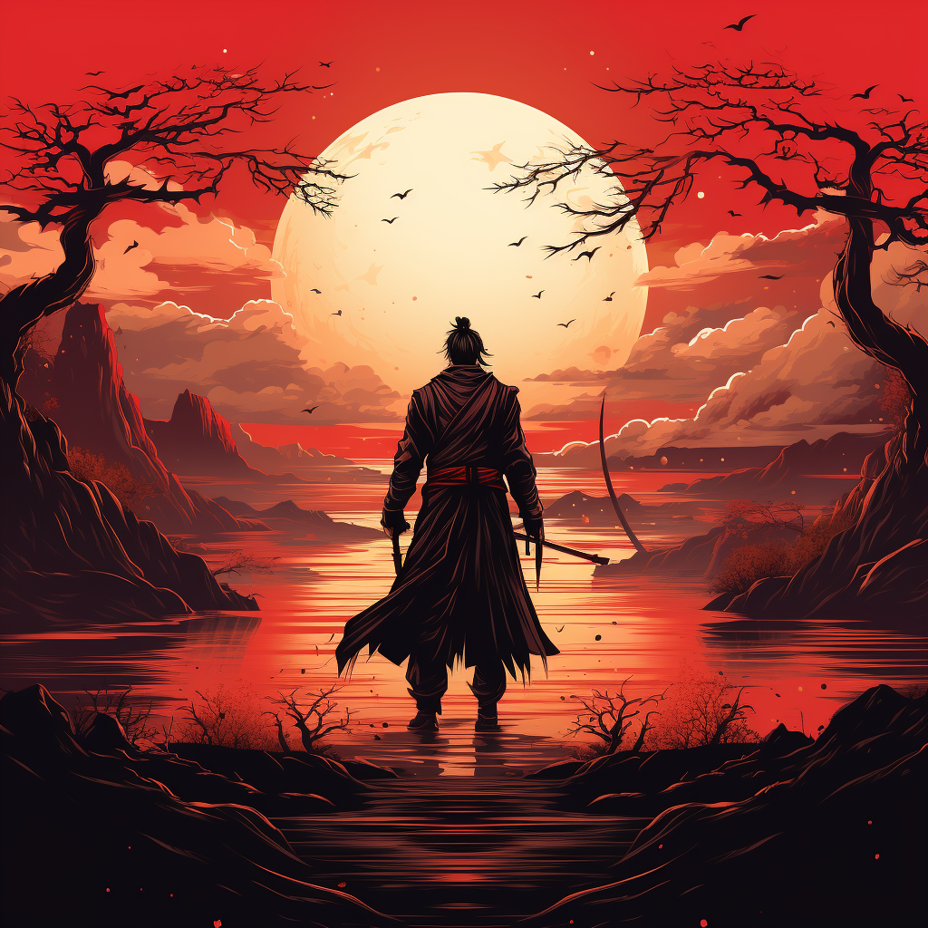 Samurai character with sunrise background