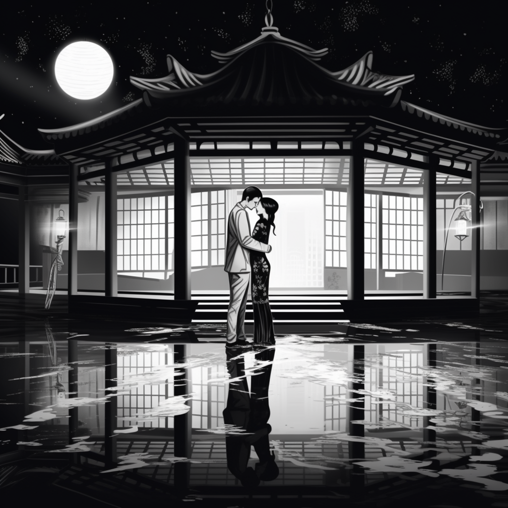 Japanese Couple Embracing in Temple Pool