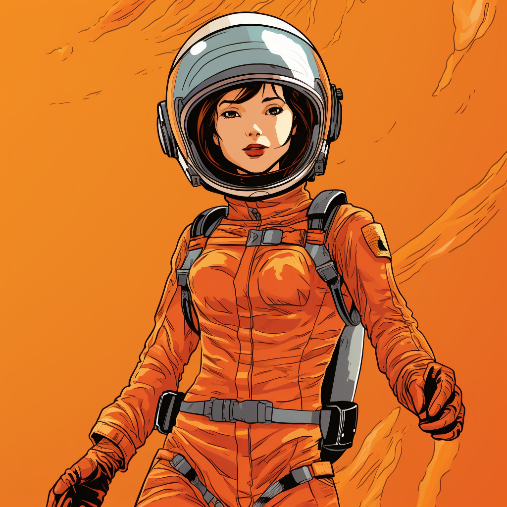 Young female Japanese engineer in orange spacesuit