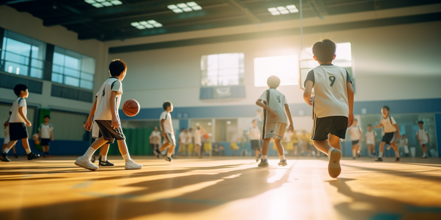 Elementary students playing basketball in a gym