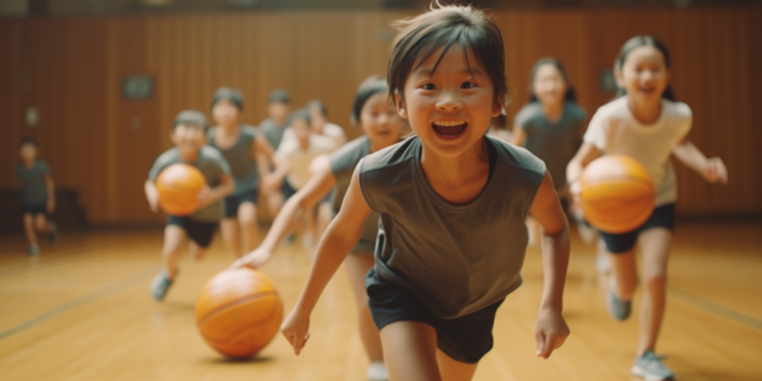 Japanese students playing dodgeball in a gym