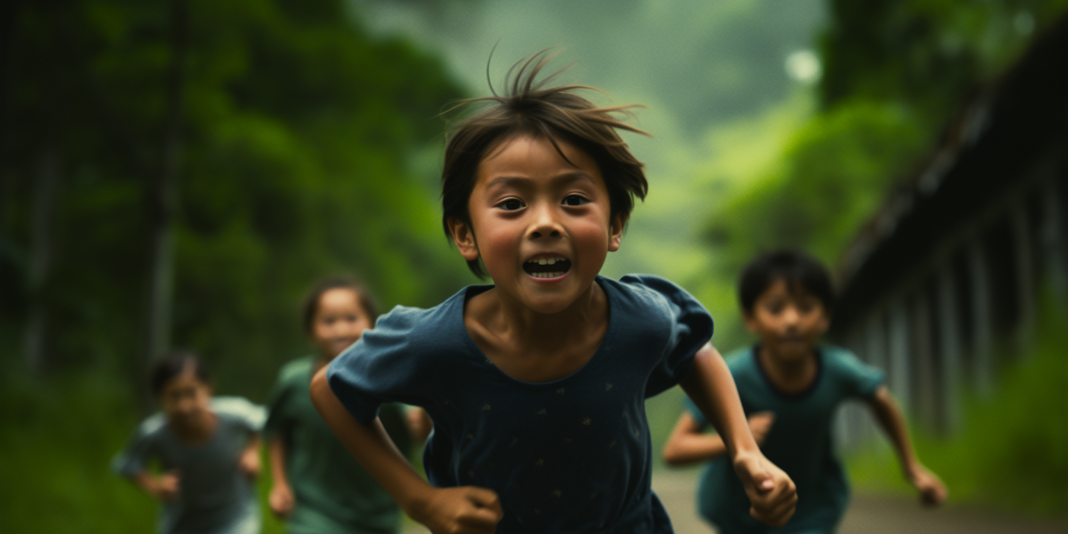 Japanese elementary students running with determination