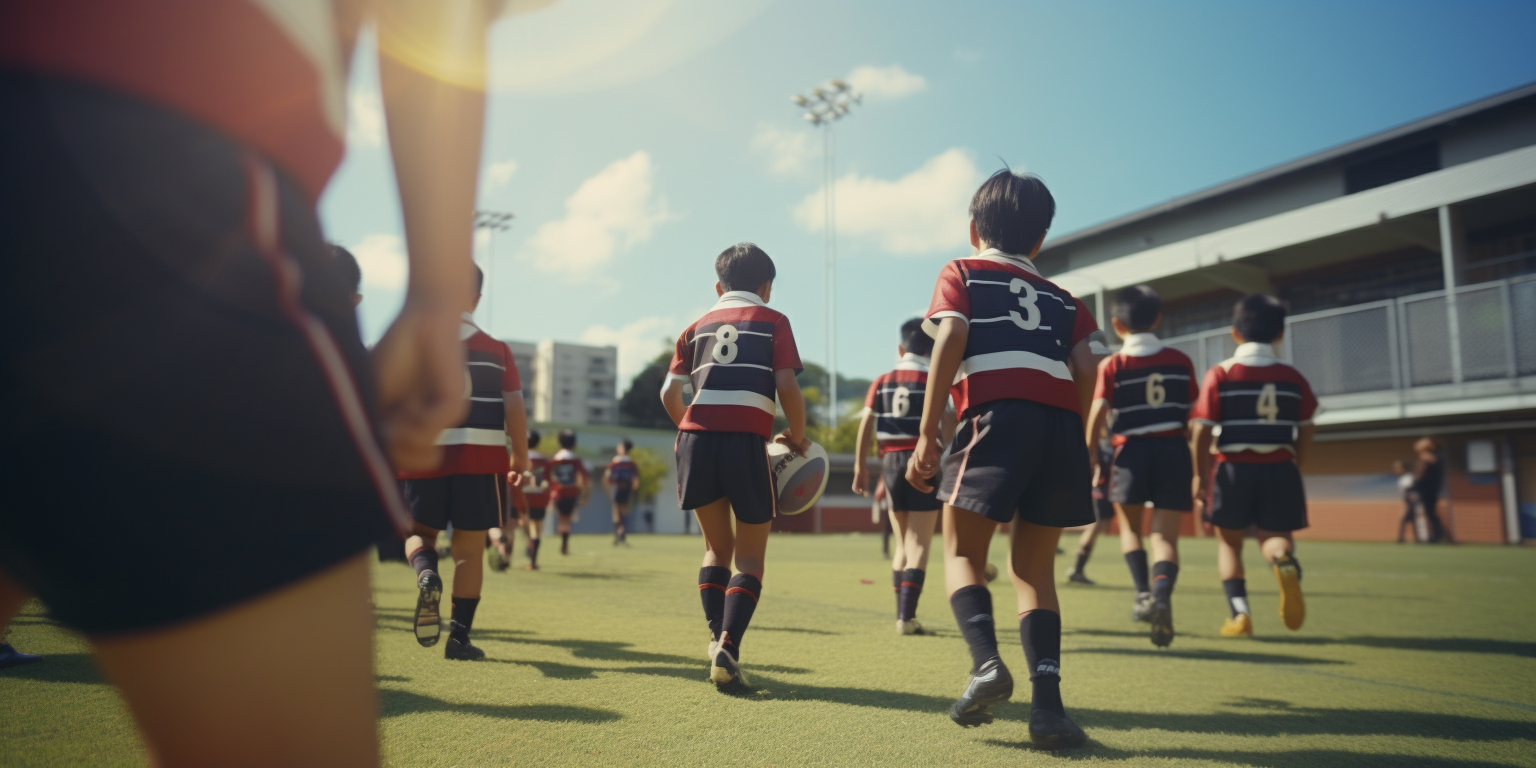 Japanese elementary students playing rugby