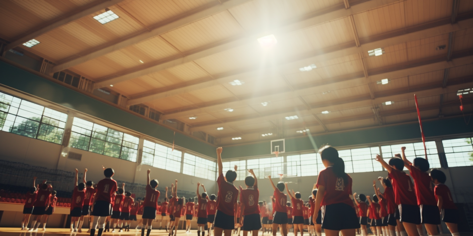 Japanese elementary students playing volleyball with teamwork