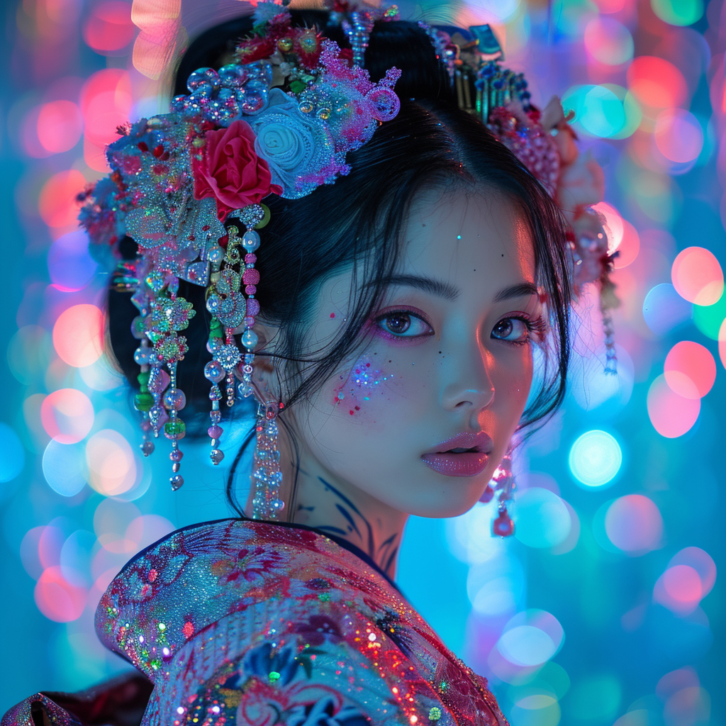 Japanese female glamorous supermodel in cyberpunk geisha style