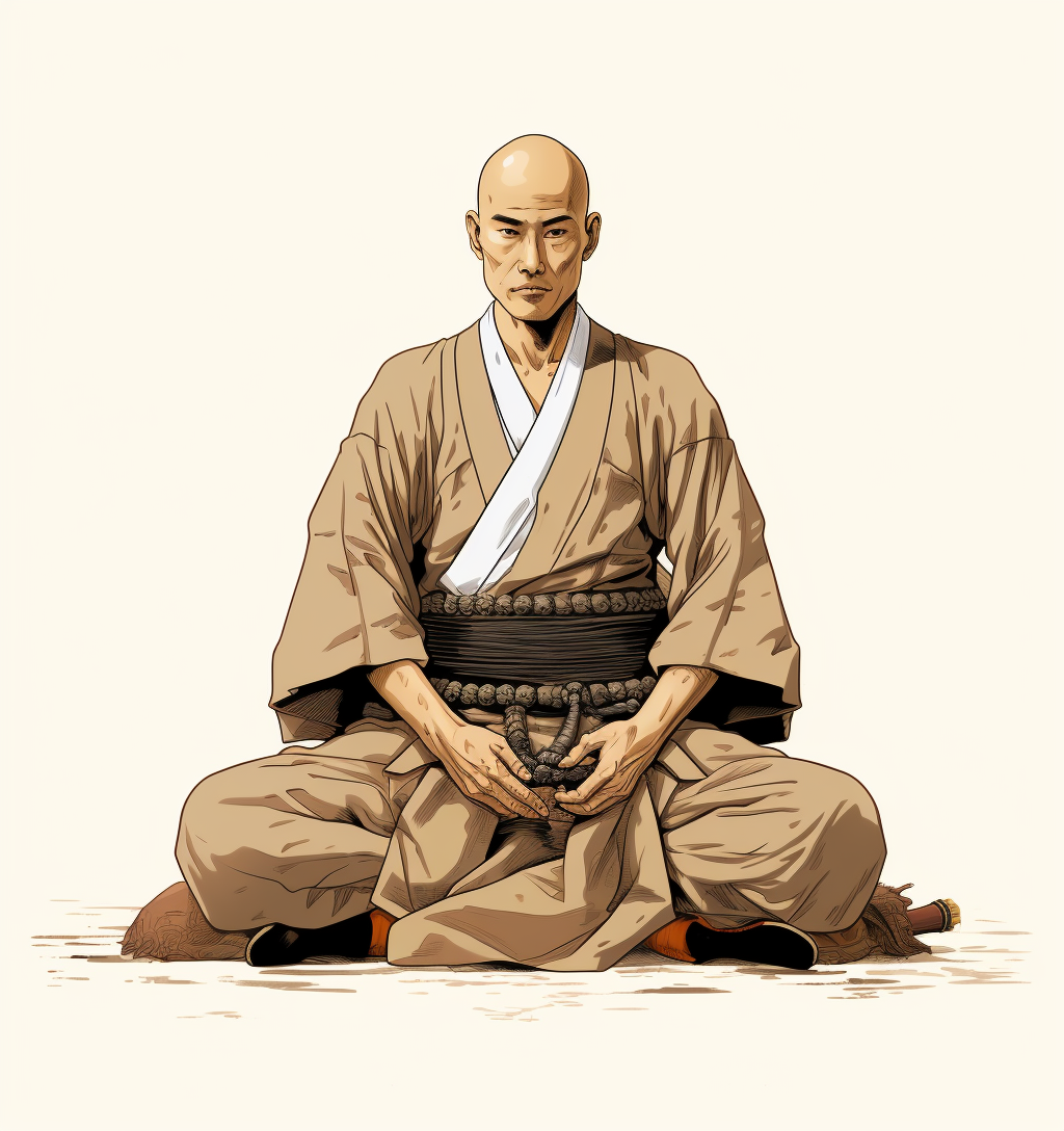 Japanese Feudal Lord with Bald Head Sitting on Floor