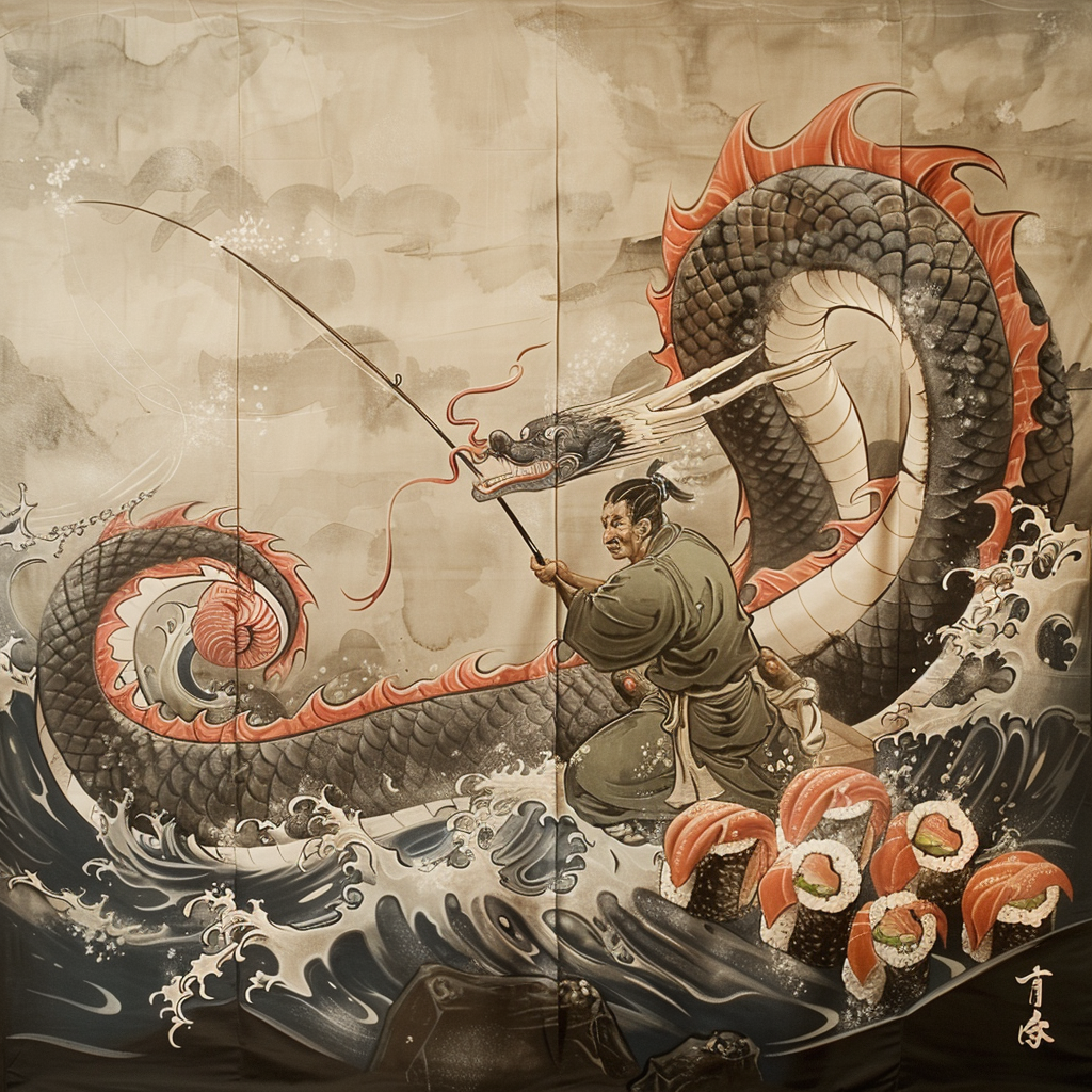 Japanese fisherman catching sea dragon sushi