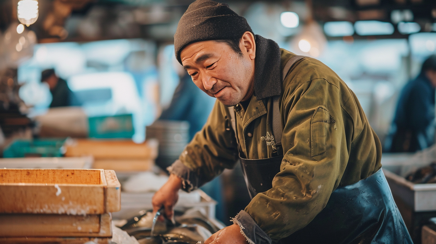 Japanese fisherman unloading catch at market