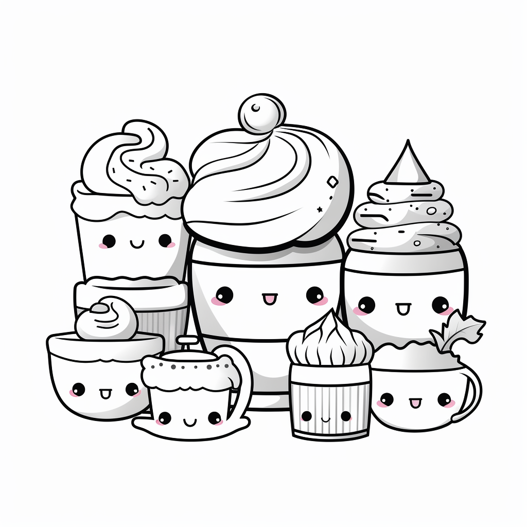 Coloring page of cute Japanese food feast