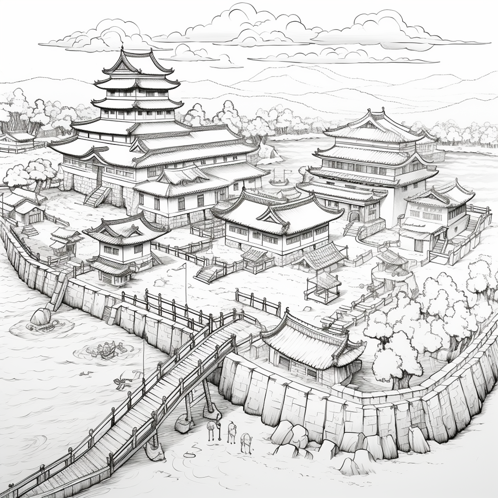 Japanese fort colouring page outline