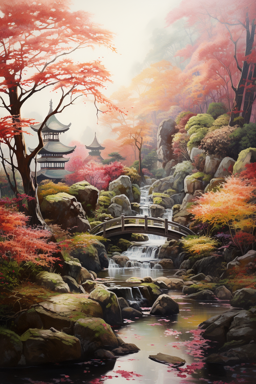 Tranquil Japanese garden scene with blooming cherry blossoms