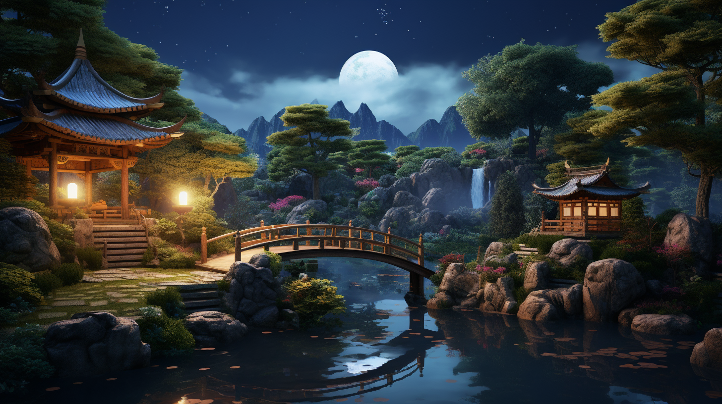 Japanese garden moon night rendering