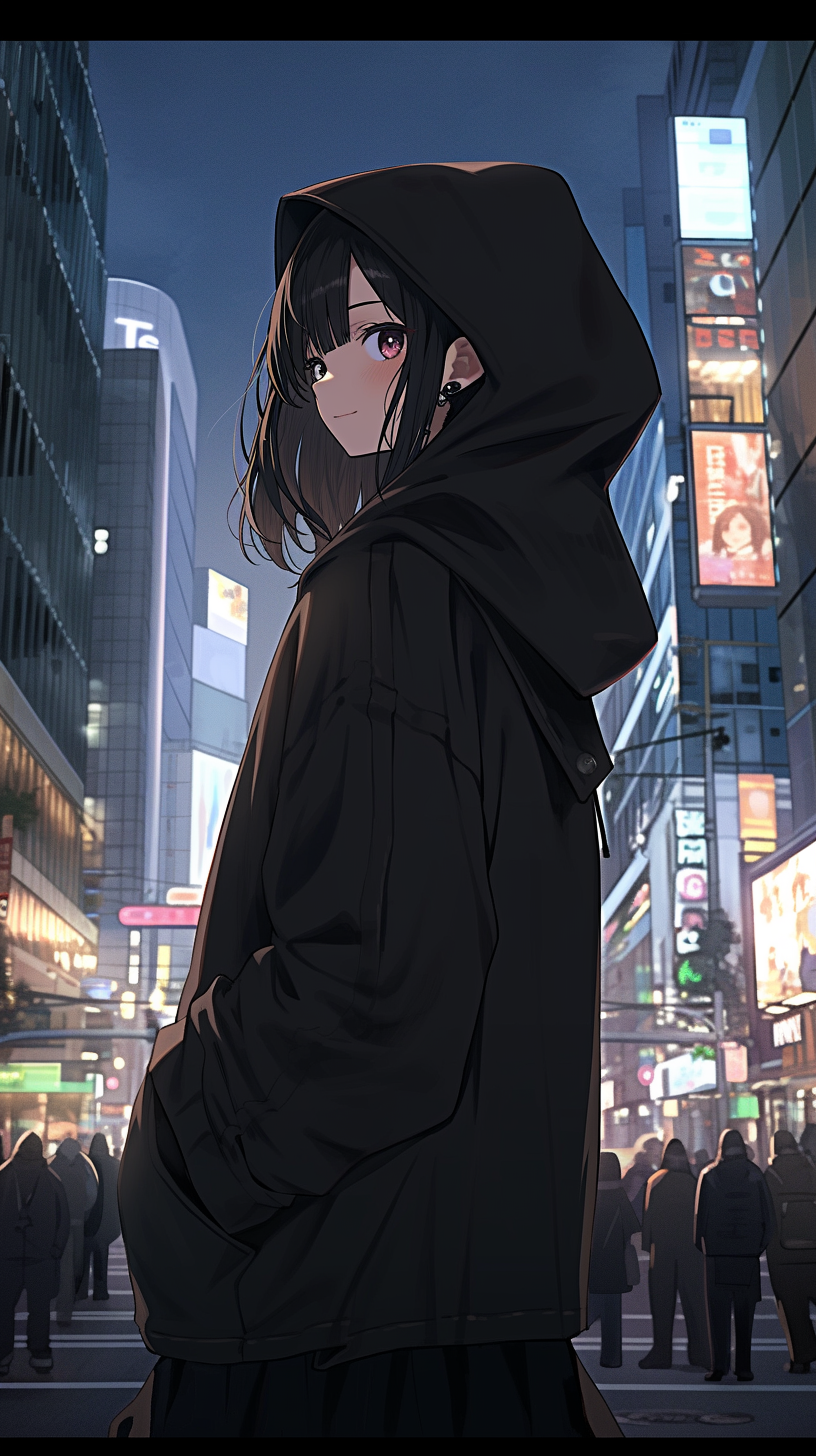 Stylish Japanese girl in black hoodie