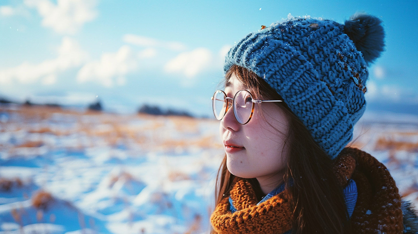 Japanese girl in blue knit hat and glasses in snow