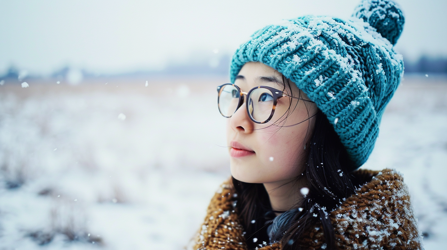 Japanese girl in snow field wearing blue knit hat and glasses