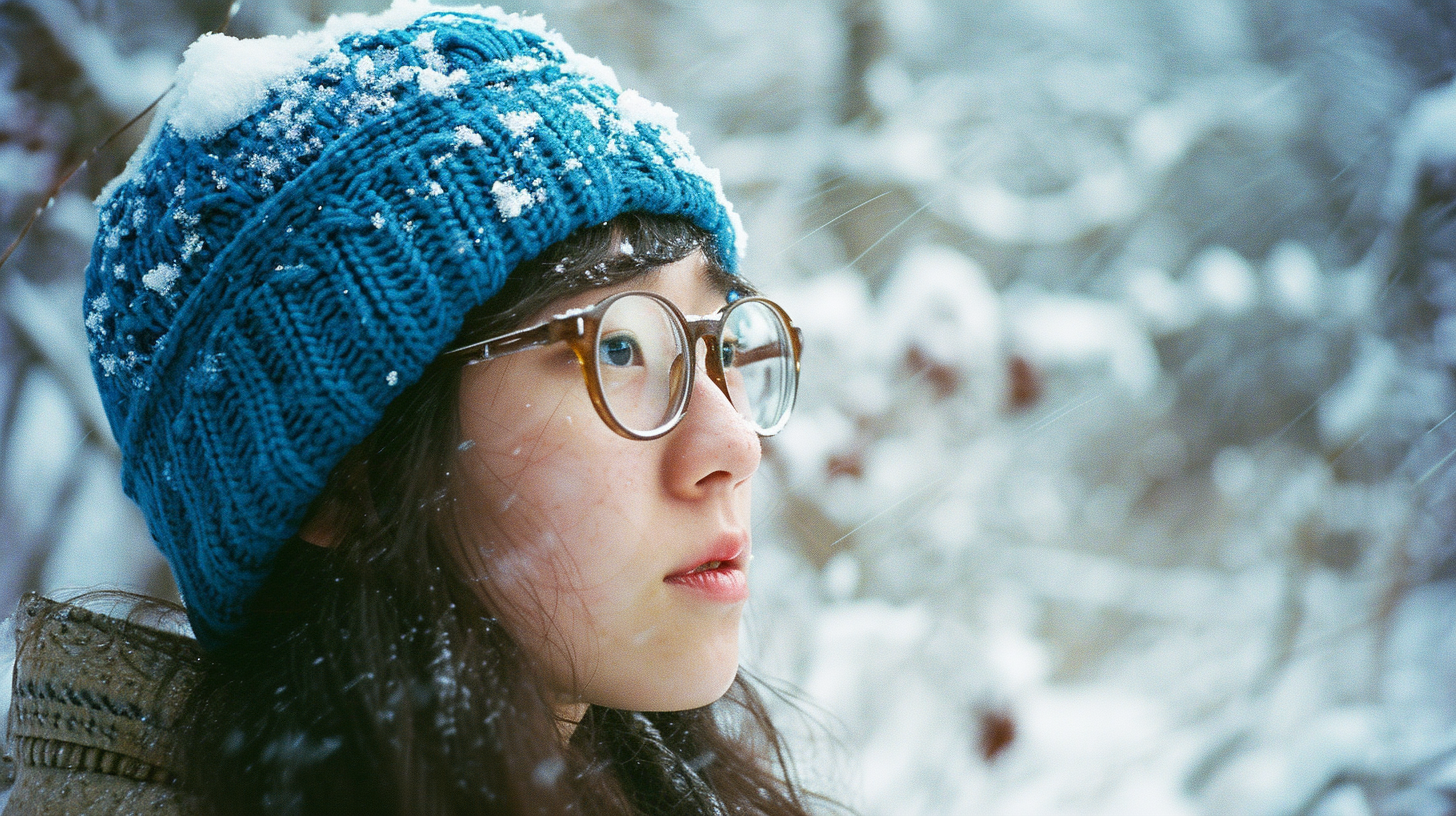 Japanese girl with blue knit hat and glasses in snow