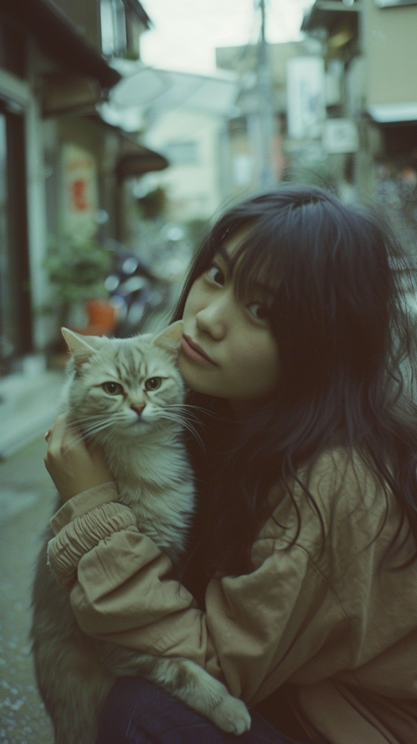 Japanese girl playing with cute cat