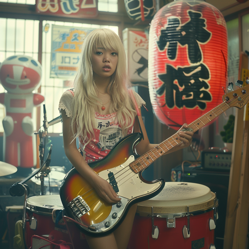 Japanese girl playing electric guitar