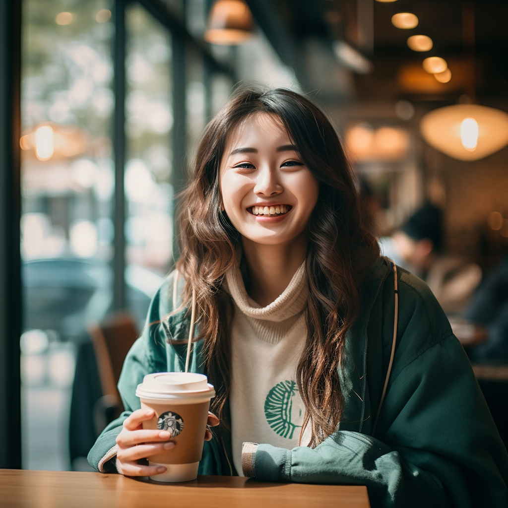 Japanese girl enjoying Starbucks coffee