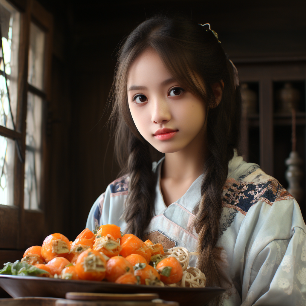 Japanese girl spreading butter on bread