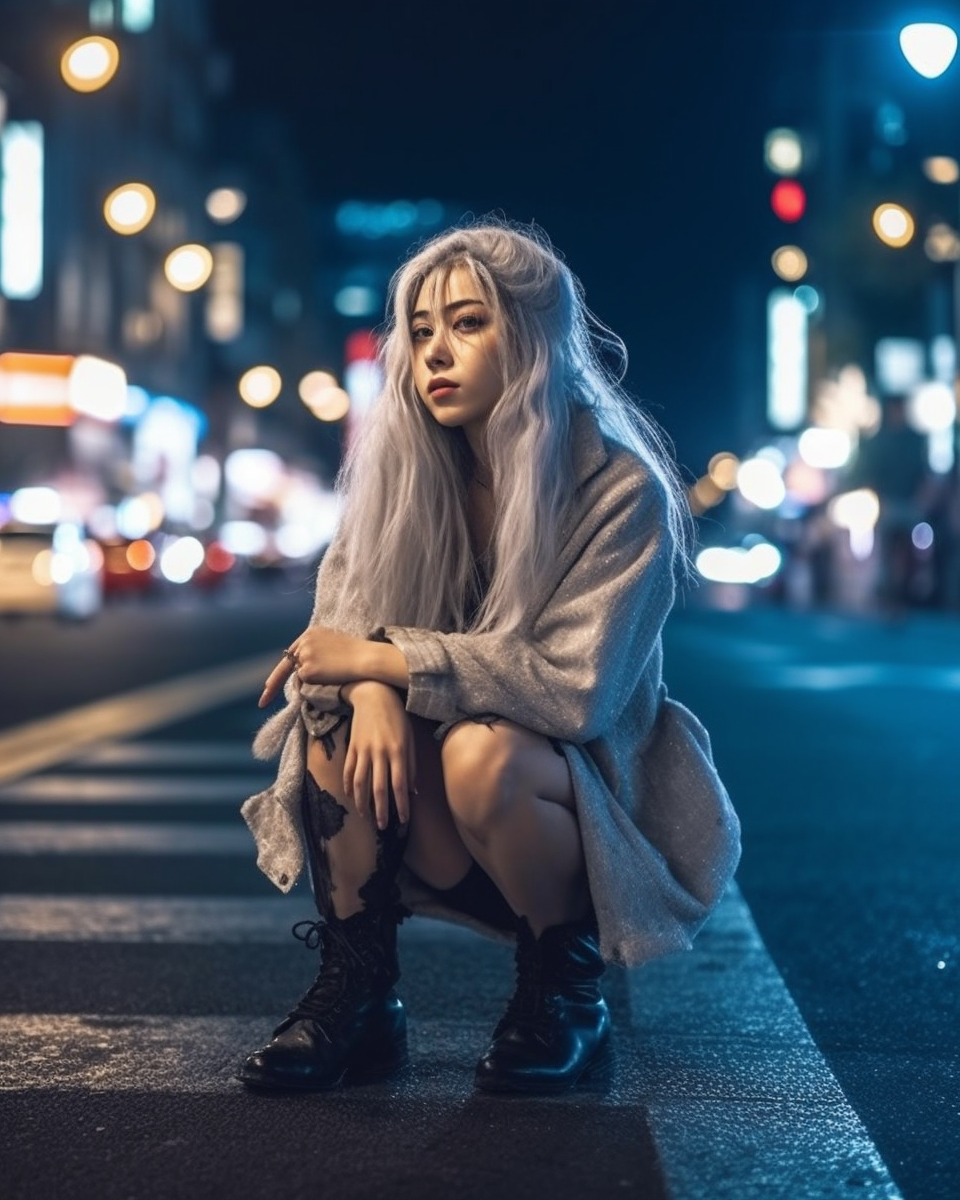 Stunning Japanese girl squatting on cross road