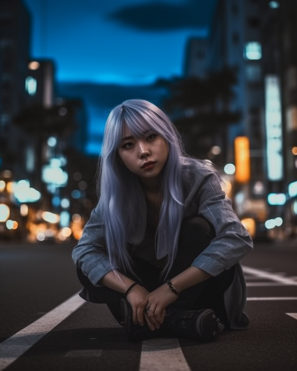 Beautiful Japanese girl squatting on crossroad