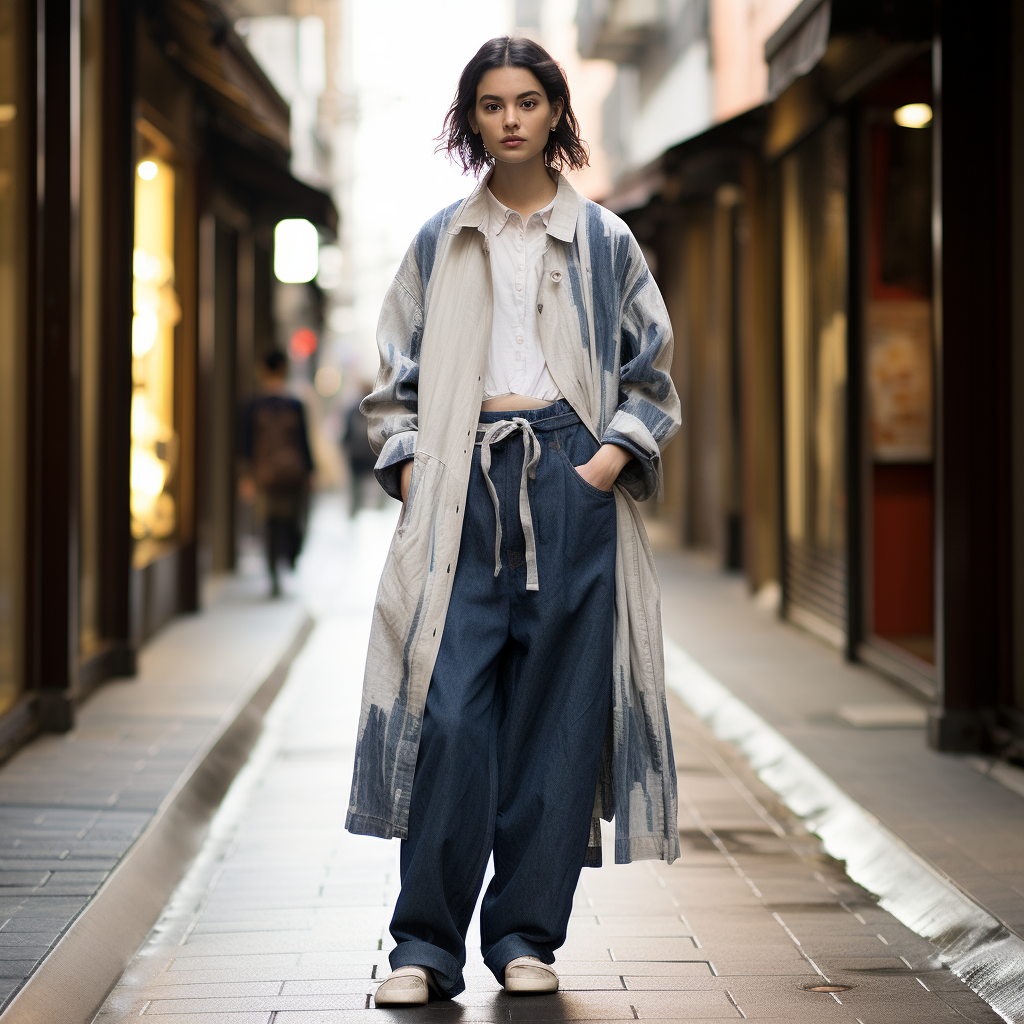 Japanese girl in stylish tapered denim jeans