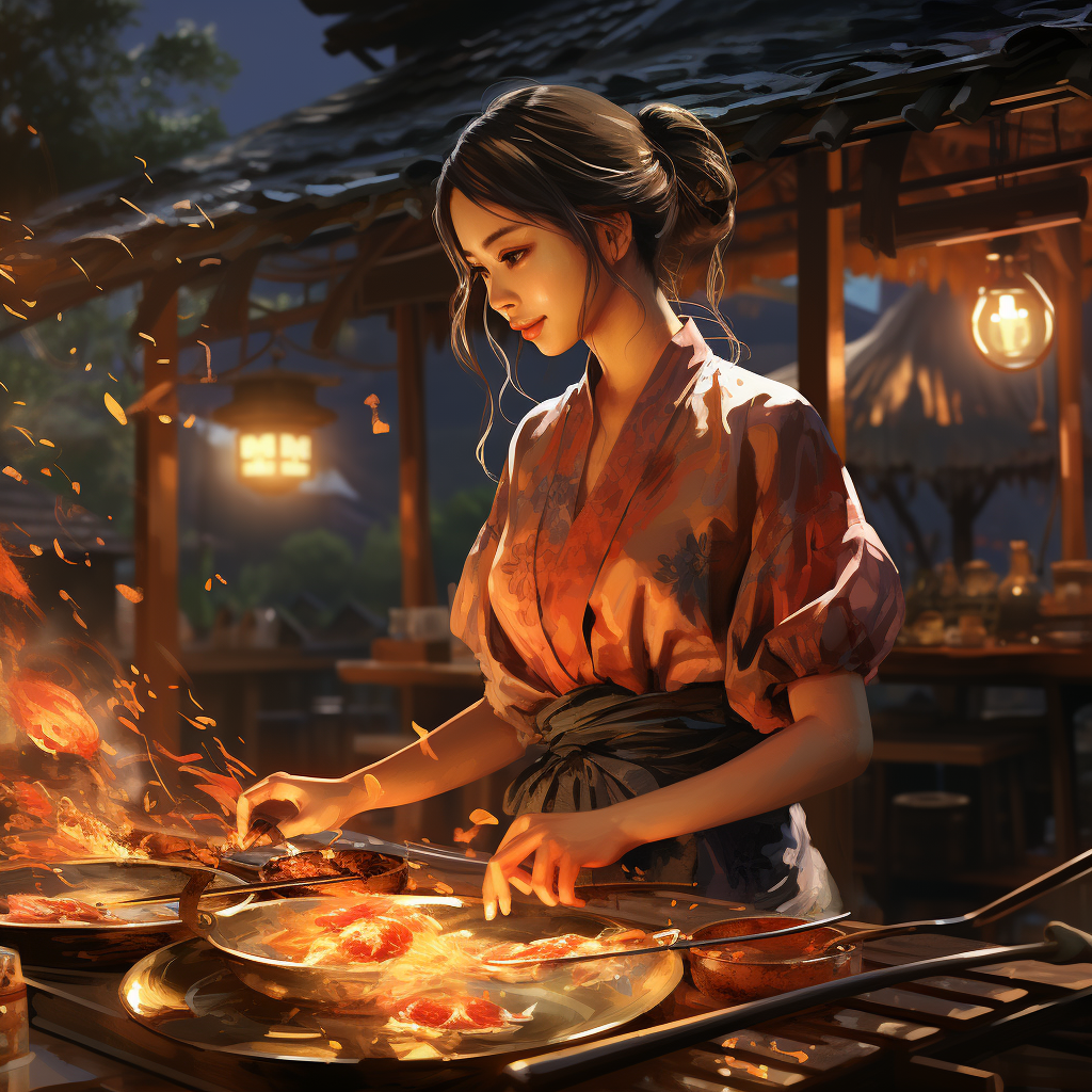 Japanese girl grilling eels in restaurant