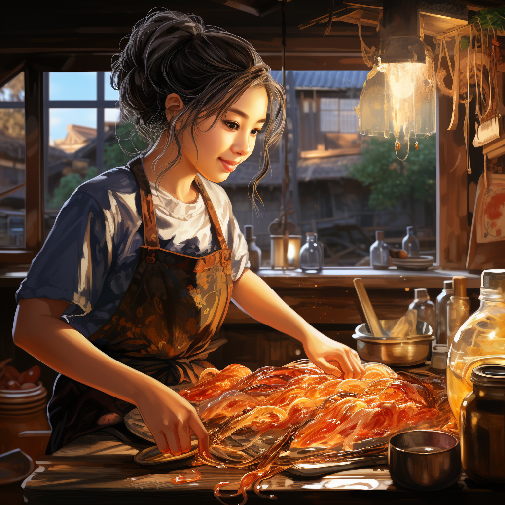 Young Japanese girl making eel rice