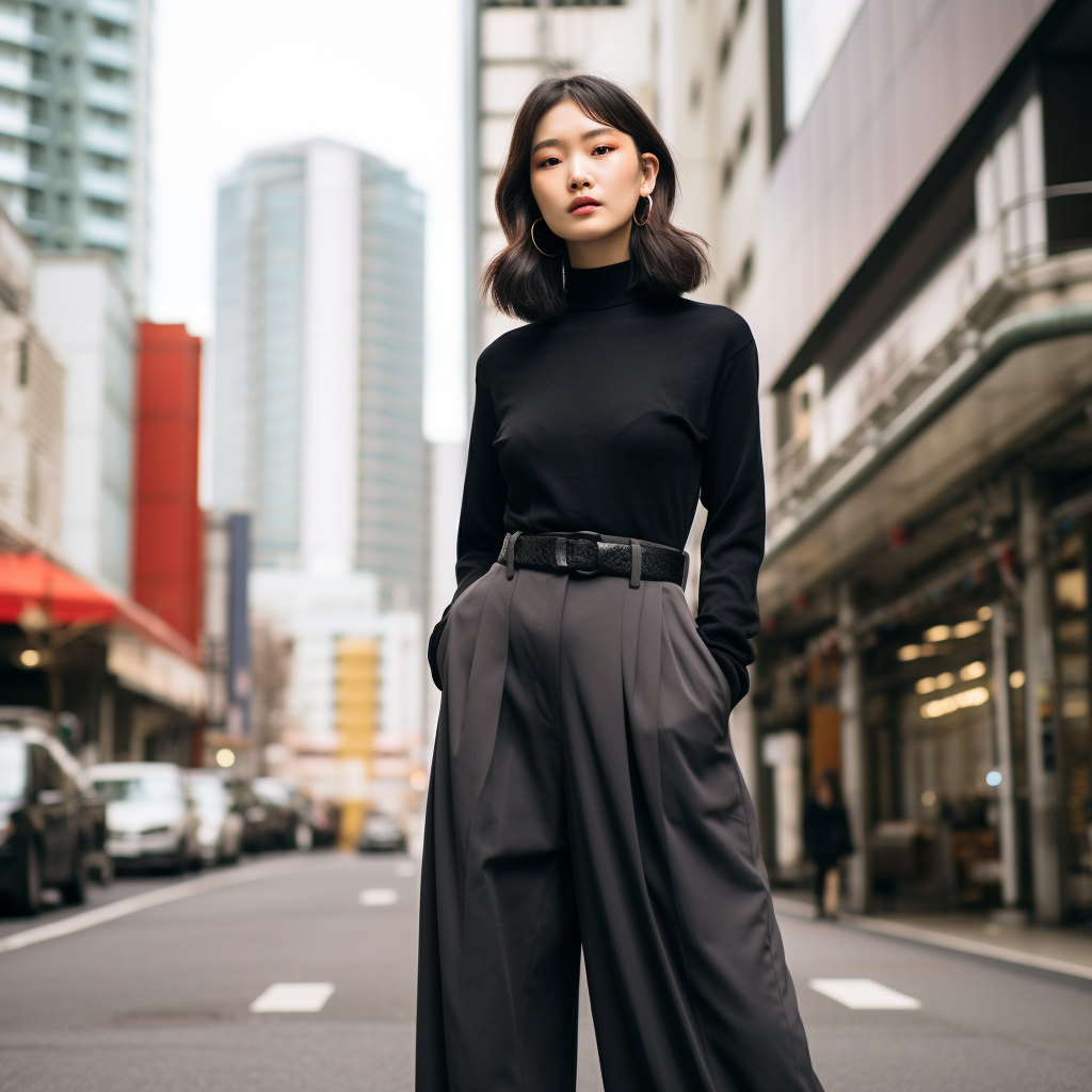 Japanese girl wearing turtleneck and trousers