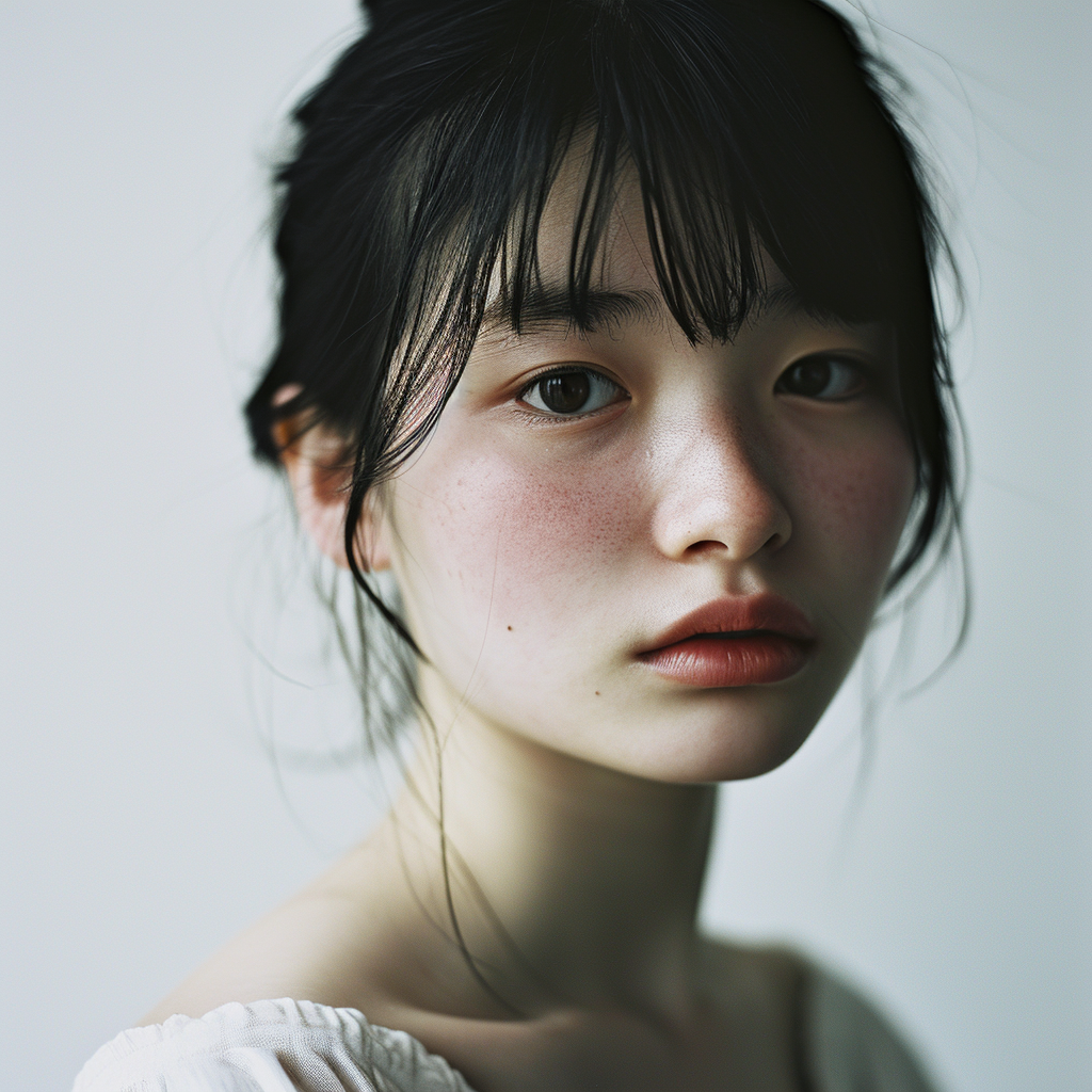 Stunning Japanese girl on white background (6 words).