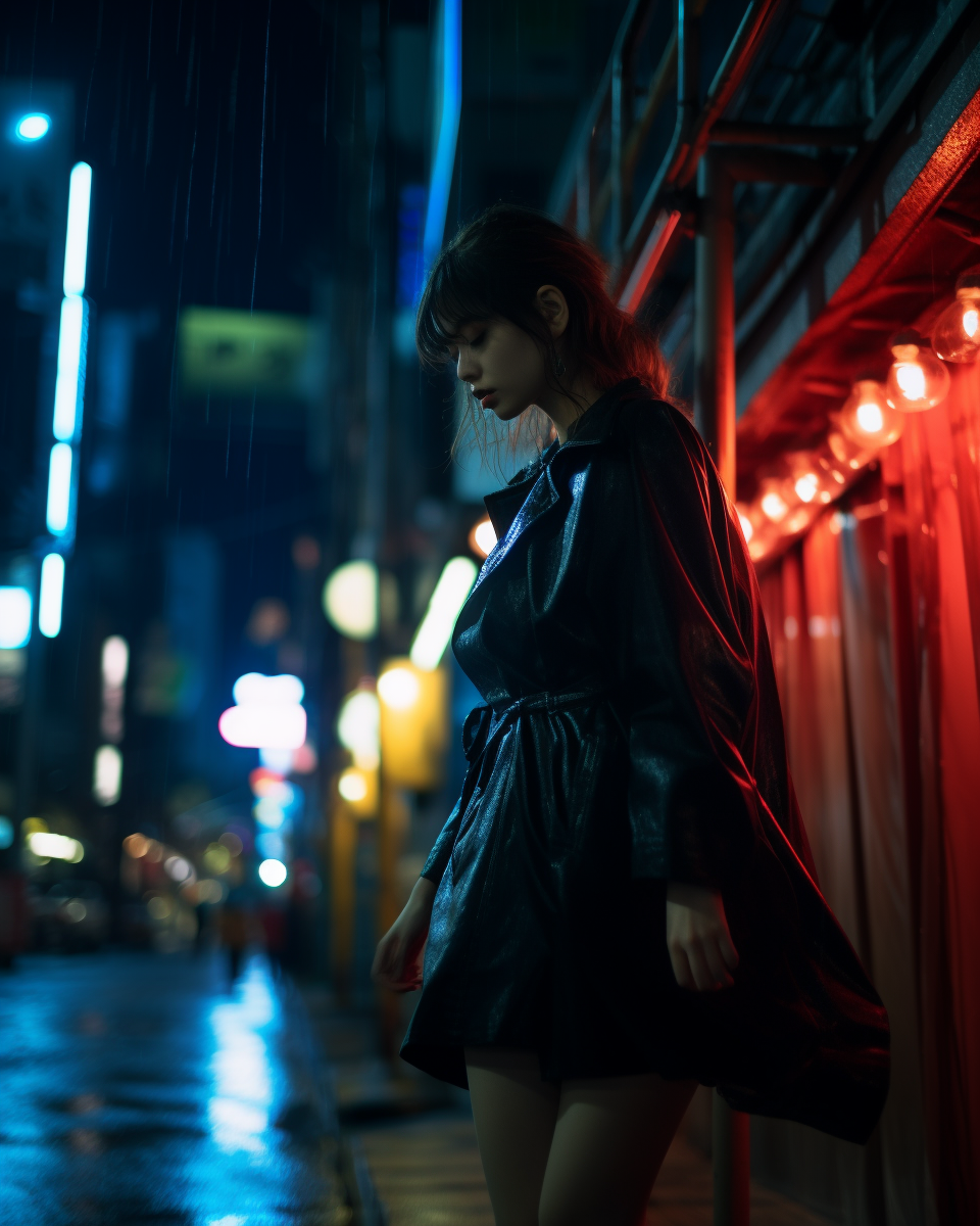 Mesmerizing long-exposure image of a Japanese girl walking at night