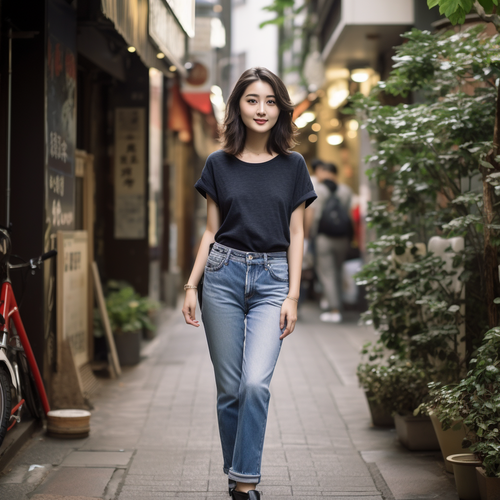 Stylish Japanese girl in tapered denim jeans